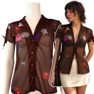 Vintage Sheer Brown Floral Blouse Size M/L Soft Whimsigoth Boho Dark Feminine